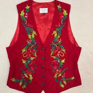 Susan Bristol Vintage Red Floral Hand Embroidered Holly Vest Size Medium